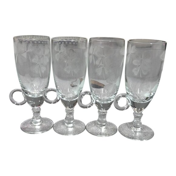 Etched Glass Irish Coffee Mugs Four Leaf Clover Design Finger Handle Set Of 4 - Picture 1 of 8